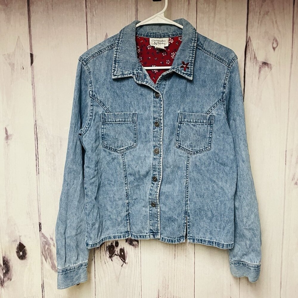 Christopher & Banks Jacket Medium Blue Denim Floral Embroidered Button Front